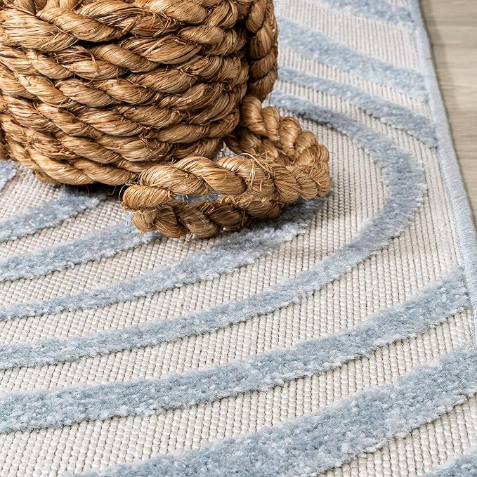 JONATHAN Y Maribo High-Low Abstract Striped Light Blue/Ivory 9' Round Indoor/Outdoor Area Rug, Pet Friendly, Non-Shedding, Stain Resistant, Easy-Cleaning for Backyard, Patio, Porch (SCN103C-9R)