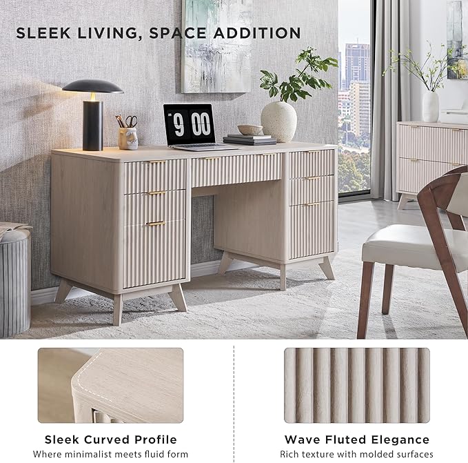 T4TREAM Fluted Executive Desk with Drawers, 60" Modern Home Office Computer Desk with Charging Station, File Cabinet, Keyboard Tray and Storage Cabinet for Study, Living Room, Bedroom, Alder White