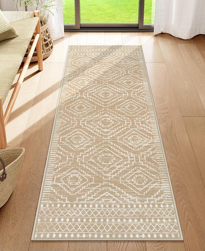 Wonnitar Washable Kitchen Runner Rug 2x6, Moroccan Runners for Hallway, Non Slip Bohemian Soft Bathroom Throw Mat Geometric Carpet Runner for Laundry Entryway Bedroom (Kakhi,2'x6')