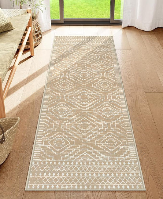 Wonnitar Washable Kitchen Runner Rug 2x6, Moroccan Runners for Hallway, Non Slip Bohemian Soft Bathroom Throw Mat Geometric Carpet Runner for Laundry Entryway Bedroom (Kakhi,2'x6')