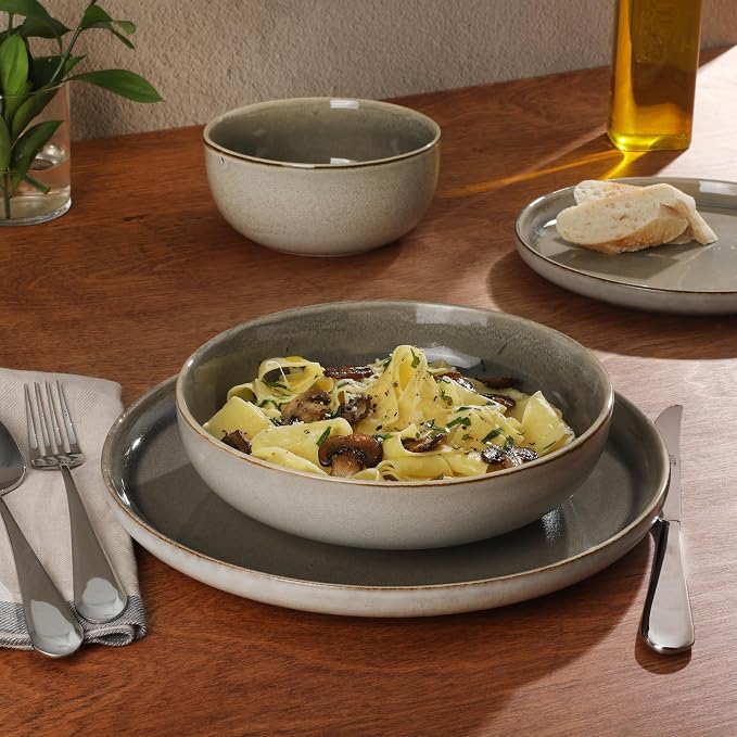 Gibson Elite Sunveil 16 Piece (Service for 4) Plates and Bowls Reactive Glaze Round Dishes Stoneware Ceramic Dinnerware Set - Light Taupe