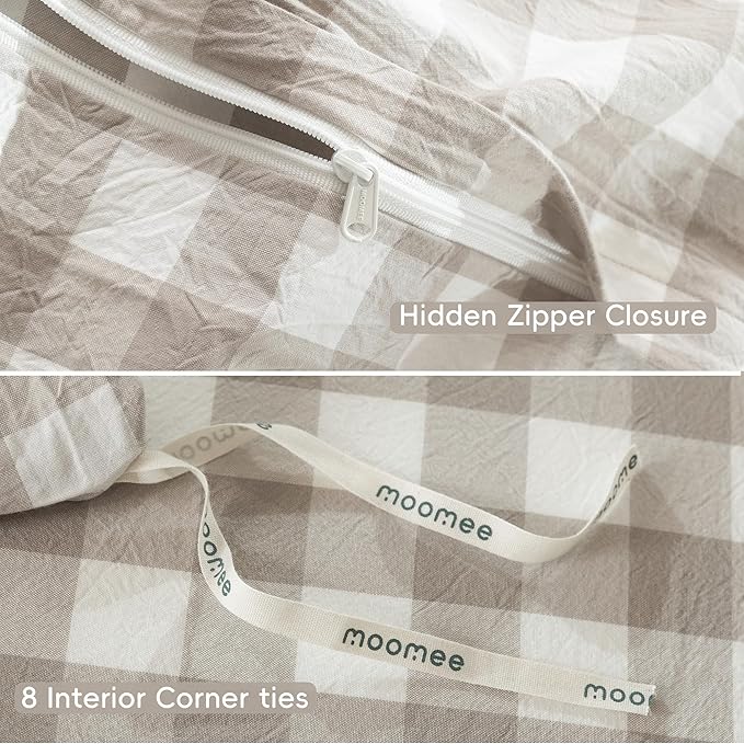 MooMee Gingham Duvet Cover Set 100% Washed Cotton Linen Like Textured Breathable Durable Soft Comfy Modern Checkered Design (Buffalo Plaid Tannish Linen Grey, Twin 68"x90")