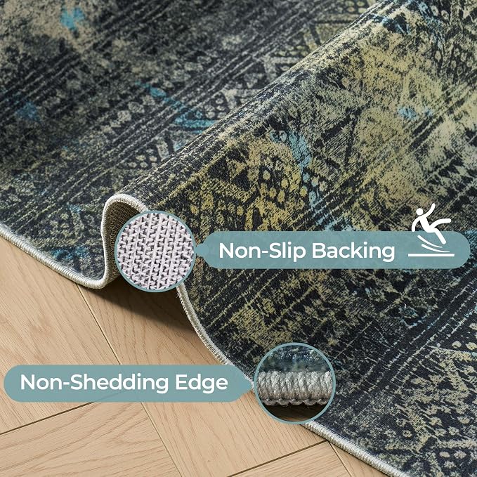Kokia Abstract 8x10 Area Rugs Living Room Washable Dark Green Low Pile Non-Slip Indoor Decor Carpet Foldable Stain Resistant Ombre Rugs Bedroom Dining Room, Oslo Moss