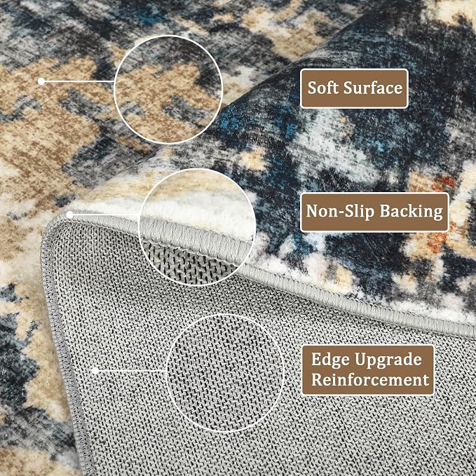 Washable 5x7 Area Rugs for Living Room Low Pile Small Carpet Soft Bedroom Rug Modern Abstract Carpet Non Shedding Thin Colorful Carpets Contemporary Floor Mats for Kitchen Nursery, Blue Yellow