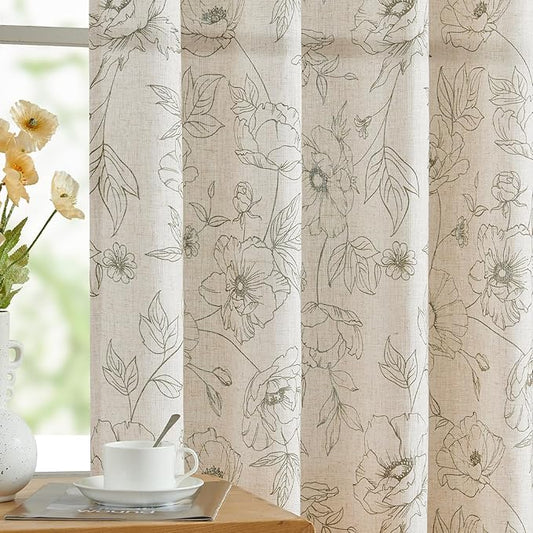 jinchan Floral Linen Curtains for Living Room 63 Inch Length Green Flower Curtain Rod Pocket Back Tab Farmhouse Curtains with Printed Floral Bedroom Window Curtain Set, 2 Panels Green