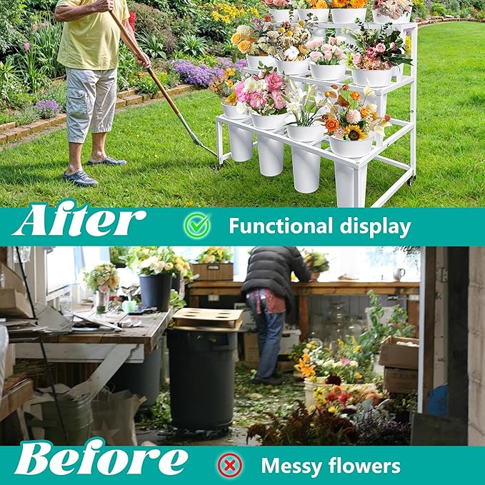 PROLEE Flower Stand with 12 Buckets, Flower Display Stand with Wheels, Flower Cart, Moving Florist Bouquet Shelf, Rectangular, White