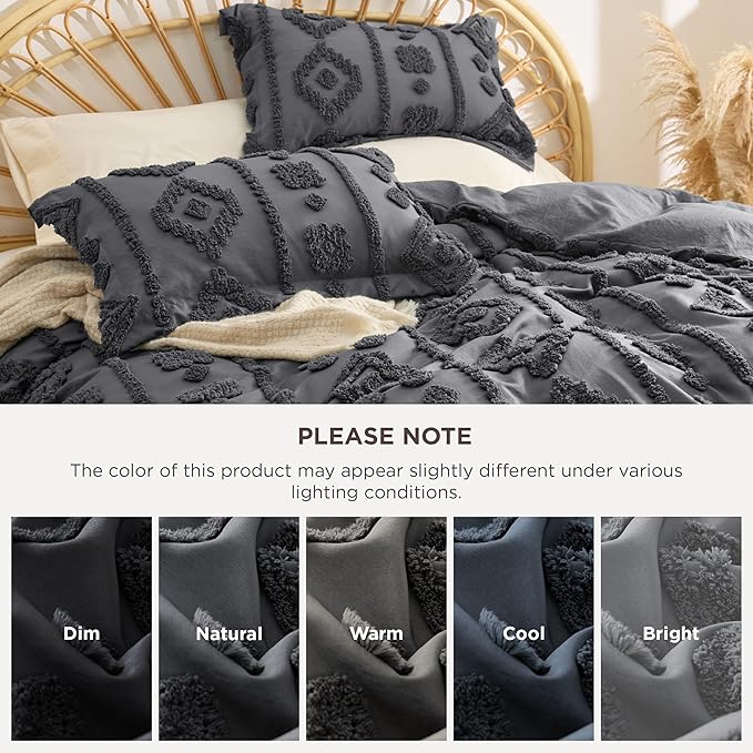 Bedsure Boho Duvet Cover Queen Size - Dark Grey Tufted Boho Bedding, Farmhouse Shabby Chic Embroidery Bedding for All Seasons, 3 Pieces, 1 Soft Jacquard Queen Comforter Cover and 2 Pillow Shams