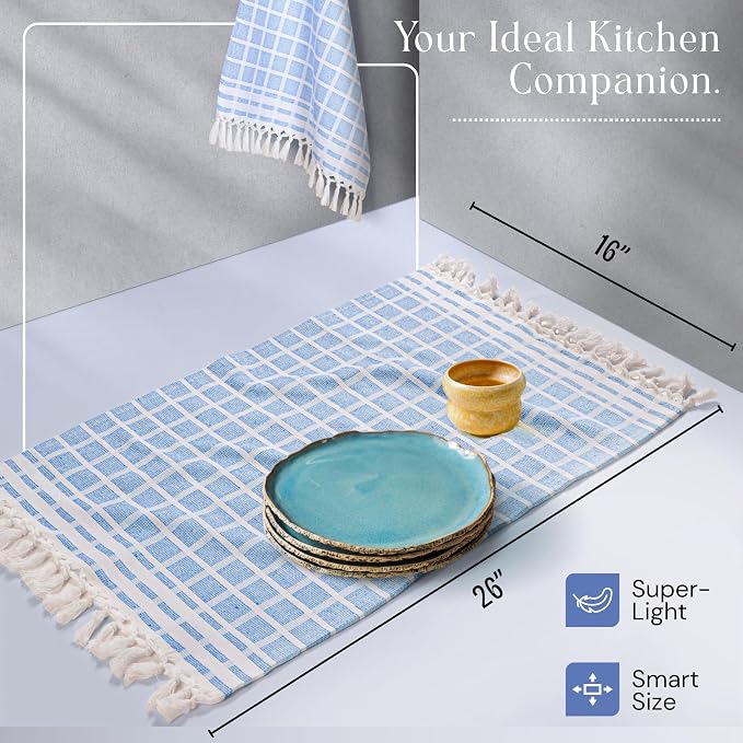 Matrix Dobby Kitchen Towels 12 Pack, 100% Cotton, 16x26 Inches, Handmade Knotted Tassel Dish Towels, Quick Dry, Durable, Absorbent and Reusable Cleaning Cloths - Sky Blue, Natural