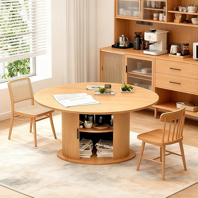 Wildhome Extendable Round Dining Table for 2-4-6, 63 Inch Dining Room Kitchen Table with 2-Tier Storage Shelf, Modern Farmhouse Fluted Wood Slide Door Dinner Furniture,Oval Circle (Oak-63 Inch)