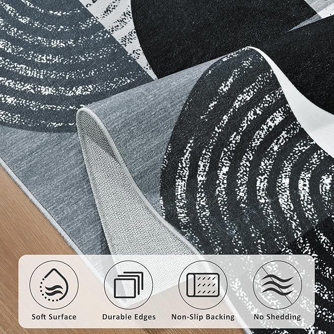 Merelax Large 4x6 Geometric Entryway Rug Indoor - Washable Non-Slip Low Pile Soft Area Rug for Entrance, Kitchen, Mudroom, Office, Modern Aesthetic Abstract Decor Thin Carpet, Black/Grey/White
