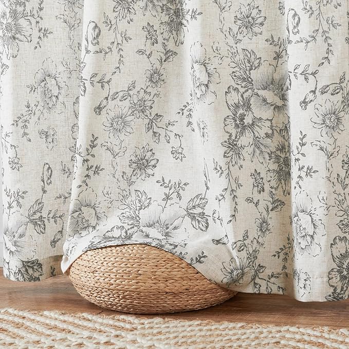 jinchan Linen Blend Curtain Floral Curtains for Living Room 90 Inch Length Grey Printed Curtain Rod Pocket Back Tab Farmhouse Peony Flower Patterned Drapes Bedroom Window Curtains Set 2 Panels