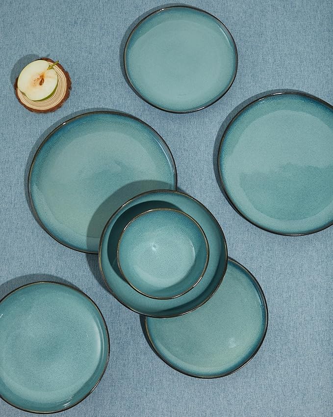 Pokini 18 Piece Dinnerware Sets for 6, Green Black Reactive Glaze Stoneware | Irregular Artisan Style for Family Dinners, Weekend Gatherings | Scratch‑Resistant, Microwave & Dishwasher Safe