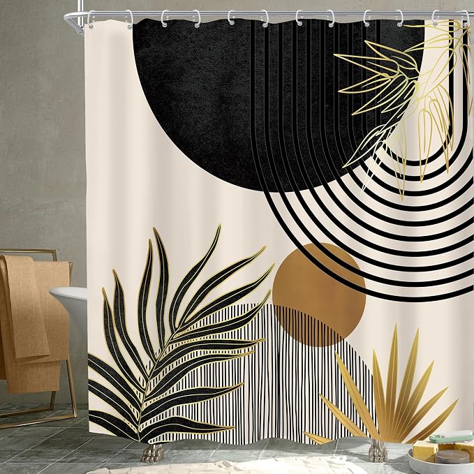 KOMLLEX Mid Century Black Gold Boho Shower Curtain 72Wx72L Inches Abstract Modern Green Shower Curtains for Bathroom Plant Botanical Minimalist Arch Sun Fabric Liner Waterproof Polyester 12 Pack Hooks