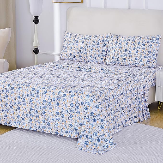 Softan Vintage Blue Floral Twin Bed Sheets, Cozy Microfiber Flower Printed Sheets with 15" Deep Pocket Fitted Sheet & Non-Slip Straps, Patterned Floral in Blue & Amber Sheets & Pillowcase Set