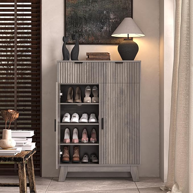 BOXACTION Fluted Shoe Cabinet, 4-Tier Mid Century Modern Narrow Shoe Storage Cabinet with Doors & 2 Drawers, Adjustable Shelves, Freestanding Hidden Shoe Rack Organizer & Wooden Legs for Entryway