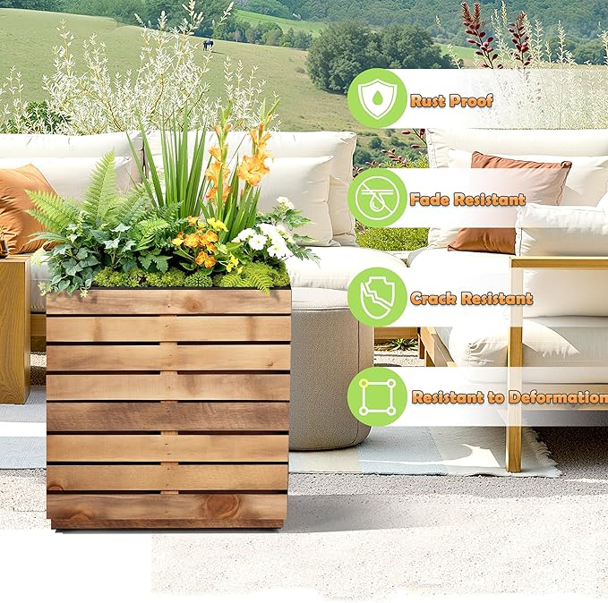 Metal Planter Box Rectangular Planter Box with Drainage Hole, Outdoor Large Planters, All-Weather Use, Rust-Resistance, for Flowers Plants, 17" L × 17" W × 18" H, Dark Walnut