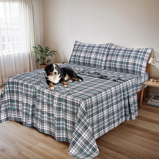 RUVANTI Flannel Sheets California King Size - 100% Cotton Brushed Cal King Bed Sheets Set - Deep Pockets 14 Inches - All Seasons Breathable & Extra Soft - Warm & Cozy, 4 Piece, Mint Grey