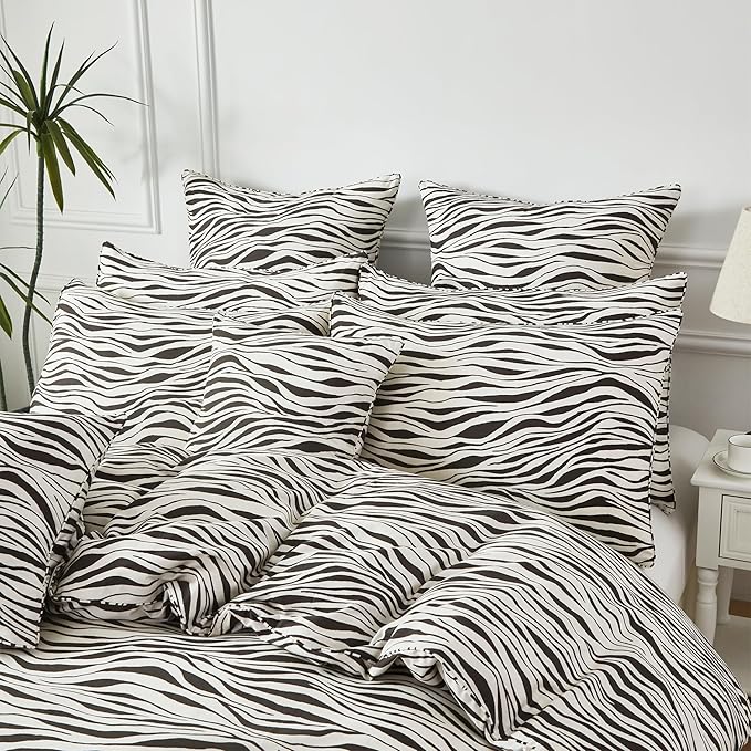 FADFAY Zebra Duvet Cover King, 100% Cotton Chocolate and White Animal Print Bedding Set, 3 Pieces with Zipper Closure & Corner Ties