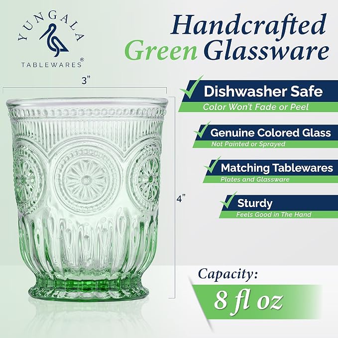 Green Small Drinking Glasses Set of 6 Vintage Hobnail 8 oz