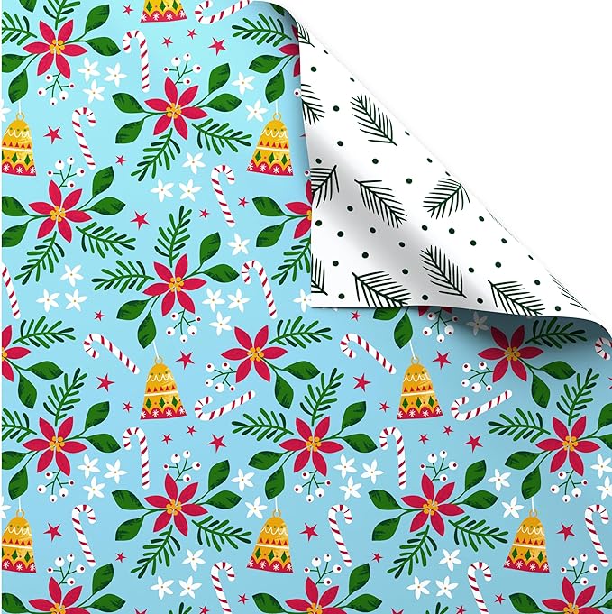 American Greetings Reversible Poinsettia Christmas Wrapping Paper Roll, Christmas Floral Holiday Gift Wrap (60 sq. ft., 1 Standard Roll Wrap-30 in. x 24 ft.) Papel de Regalo de Navidad