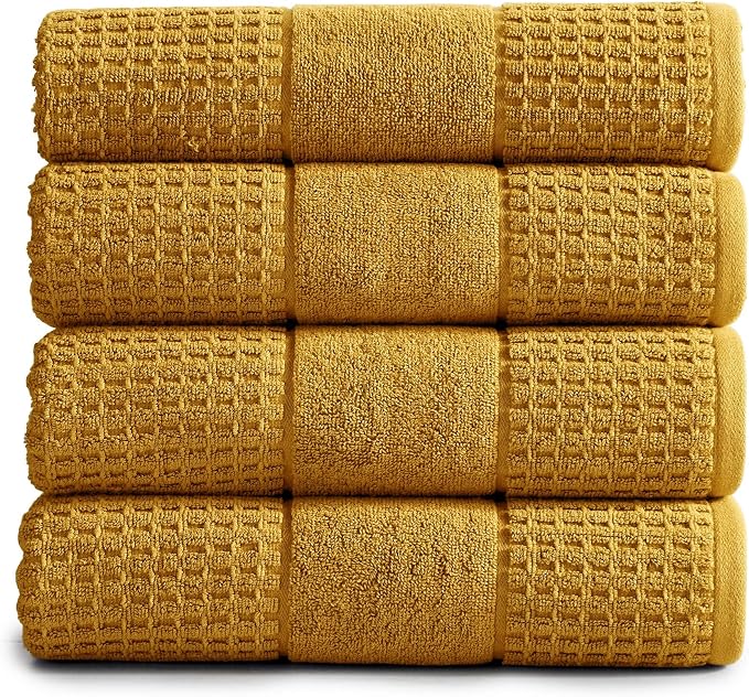 Market & Place 100% Cotton Super Soft Luxury Bath Towel Set | Quick-Dry and Highly Absorbent | Waffle Textured | 550 GSM | Includes 4 Bath Towels | Harper Collection (Mustard Yellow)