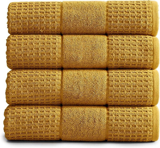Market & Place 100% Cotton Super Soft Luxury Bath Towel Set | Quick-Dry and Highly Absorbent | Waffle Textured | 550 GSM | Includes 4 Bath Towels | Harper Collection (Mustard Yellow)