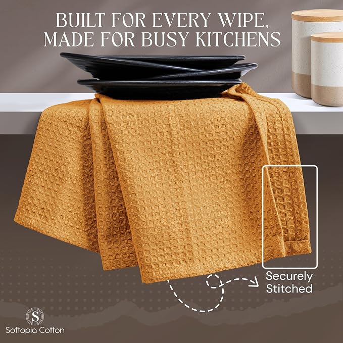 Yellow Waffle Kitchen Dish Towels, 100% Cotton, Quick Dry, Super Absorbent, Soft, 16x26 Inches – Ideal for Dish Drying, Bar, Tea, Cleaning, and Everyday Use, 12 Pack, Mustard Yellow