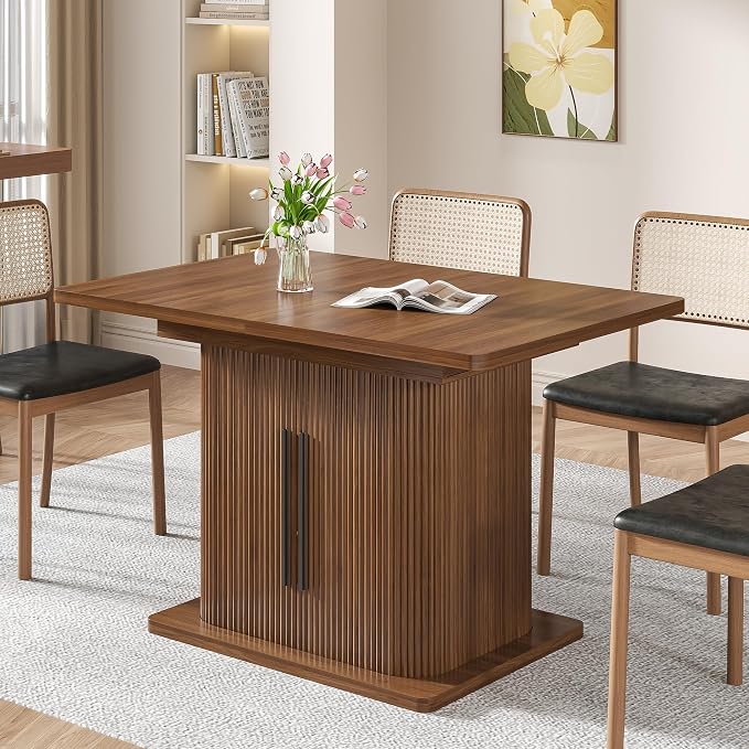 Extendable Dining Room Table for 4-6, 47-65 Inch Rectangle Kitchen Dining Table with Large Storage, Fluted Sliding Door, Expandable Mid Century Modern Dinner Furniture, Living Room, Walnut, Brown