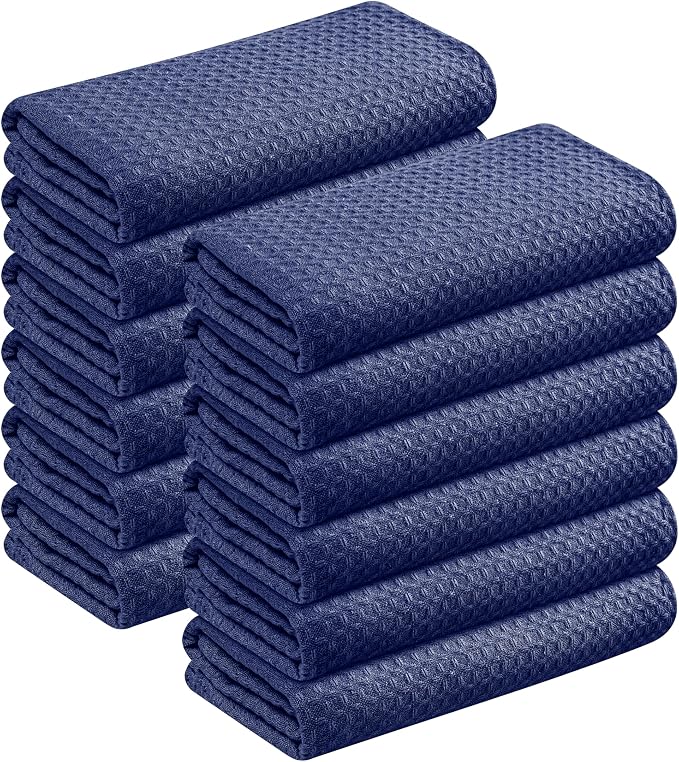 Waffle Weave Dish Towels 12 Pack, 16x26 Inches, Quick Dry Towels for Kitchen, Reusable, Absorbent Wash Cloths Set, Washable Fabric, Heavy Duty for Daily Use - Indigo Blue