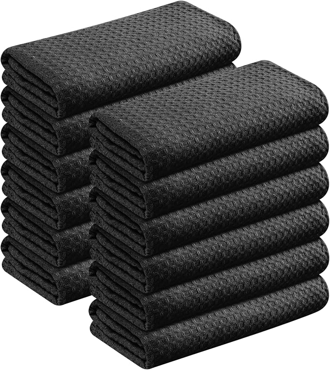 Black Waffle Kitchen Dish Towels 100% Cotton, Soft, Absorbent, Quick Drying, Multipurpose Use, Bar & Tea Towels, 16x26 Inches, Durable, Machine Washable, Reusable, Set of 12
