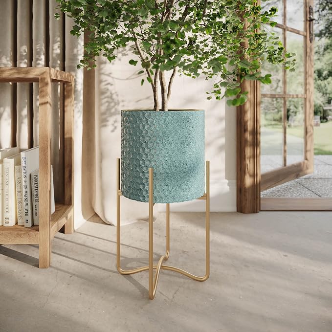 EverNest Mid-Century Modern Rhys Honeycomb Embossed Planter Pot With Ambrose Stand, Metal Indoor Plant Pots, Blue Green Bohemian Style (Set Of 3)