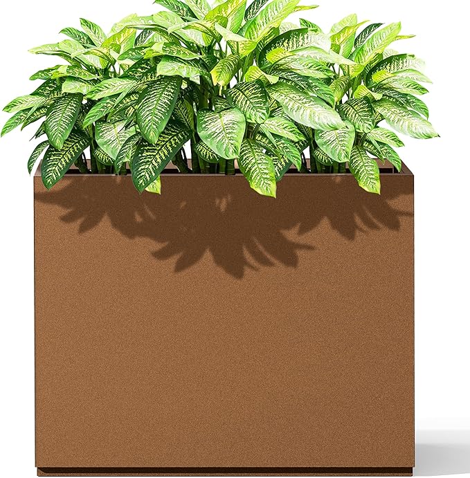 Metal Planter Box Rectangular Planter Box with Drainage Hole, Outdoor Large Planters, All-Weather Use, Rust-Resistance, for Flowers Plants, 29.9" L × 12" W × 24" H, Brown