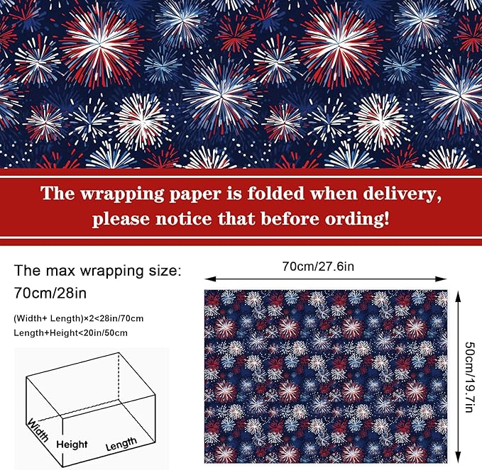 JarThenaAMCS 12 Sheet Patriotic Wrapping Paper -Not Roll- American Flag Star Firework Gift Wrap Paper Folded Flat Art Paper for 4th of July DIY Crafts Gift Wrapping, 19.7 x 27.6 Inch