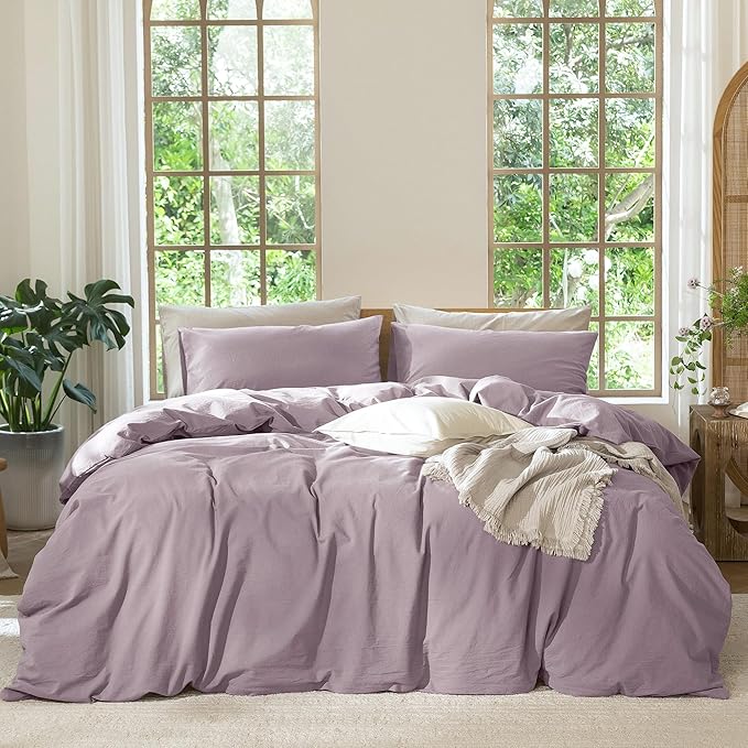 MooMee Bedding Duvet Cover Set 100% Washed Cotton Linen Like Textured Breathable Durable Soft Comfy (Solid Taro Purple, Super King 108"x98")