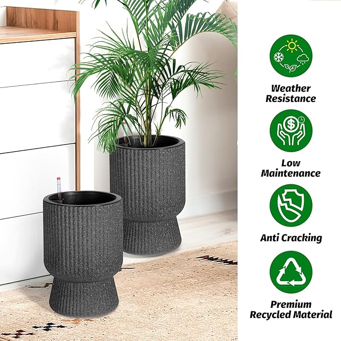 14.2" Tall Planters Set of 2, Plant Pots, Self Watering Pots for Indoor Plants, Flower Pots With Built-In Drainage and a Water Level Monitor, for Patio, Porch, Living Room, or Office, Marble Black