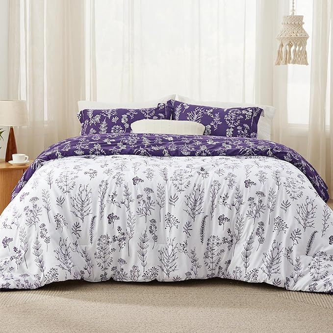 Bedsure Twin/Twin XL Comforter Set - Dark Purple Bed Set, 2 Pieces Cute Floral Bedding, 1 Soft Reversible Botanical Flowers Comforter and 1 Pillow Sham