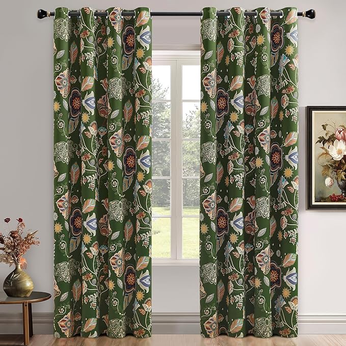 XiDi Green Floral Curtains 108 Inches Long 2 Panels Vintage Patterned Blackout Curtains for Living Room Thermal Insulated Grommet Luxury Cottage Core Botanical Printed Drapes Moss Green 52x108
