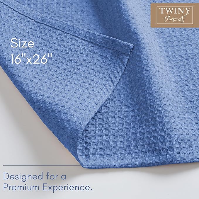 TWINY threads Blue Waffle Kitchen Towel 6 Pack, 16x26 Inch, Premium 100% Cotton Kitchen Linen Set, Absorbent Dish Cloths for Cleaning, Drying Dishes, Machine Washable, Durable, Quick Dry, Sky Blue