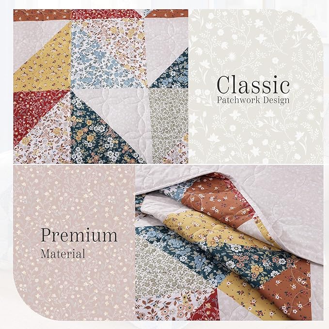 Quilt Set King Size, Patchwork Burnt Orange Floral Quilt Sets, Reversible Bedspread Lightweight and Breathable for All Seasons, Soft Quilted Bedspread with 2 Pillow Shams