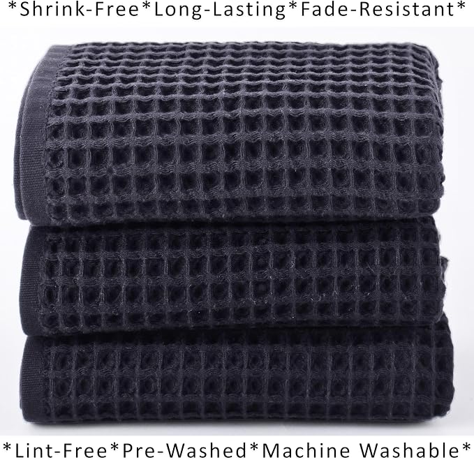 PÜSKÜL Natural 100% Turkish Cotton Waffle Kitchen Towels Set of 3 | Oeko-Tex, Premium Waffle Hand Towels for Bathroom | Soft Absorbent Quick-Dry Lint-Free Dish Towel Large 32x16 inch (3, Dark Gray)