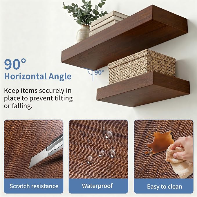 Floating Shelves for Wall, Bathroom Shelves Over Toilet, Wall Shelves & Book Shelf, Hanging Shelf, Modern Wooden Wall-Mounted Small Floating Shelves, 12x7x1.5 in (Walnut-Like, Set of 2)