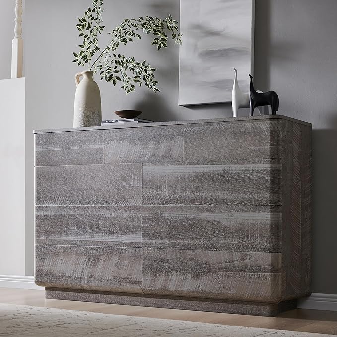 ACCOHOHO Modern 9 Drawer Dresser for Bedroom, 52" Wide Wooden Dressers with Large Storage,Handleless Chest of Drawers TV Stand for Living Room & Hallway, Curved Profile Design, Grey