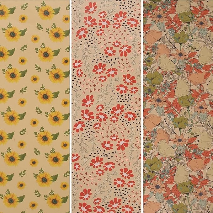 Aimyoo Kraft Floral Wrapping Paper Bundle, Vintage Spring Flowers Rose Gift Wrap Paper for Wedding Bridal Shower Birthday, 3 Rolls 17 in x 12 ft per Roll