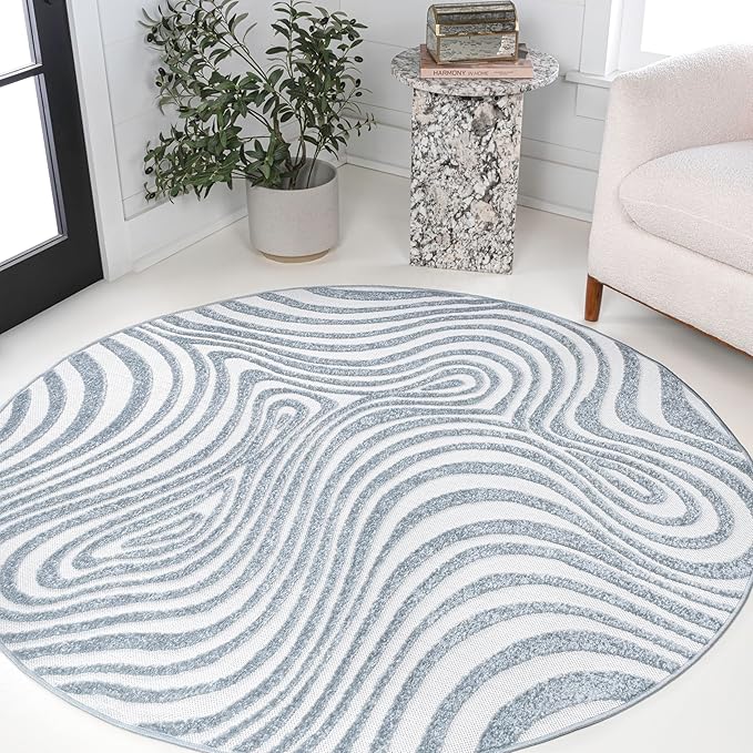 JONATHAN Y Maribo High-Low Abstract Striped Light Blue/Ivory 7' Round Indoor/Outdoor Area Rug, Pet Friendly, Non-Shedding, Stain Resistant, Easy-Cleaning for Backyard, Patio, Porch (SCN103C-7R)