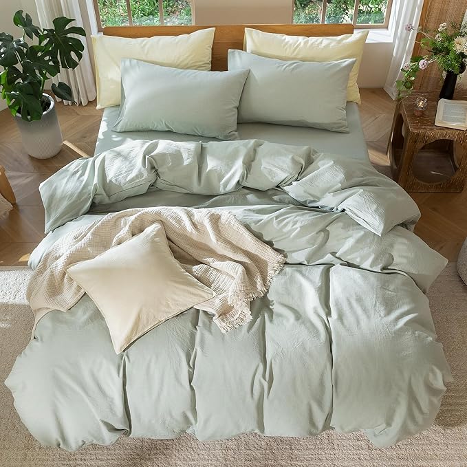 MooMee Bedding Duvet Cover Set 100% Washed Cotton Linen Like Textured Breathable Durable Soft Comfy (Heathered Sage Green, Super King Plus 120"x120")