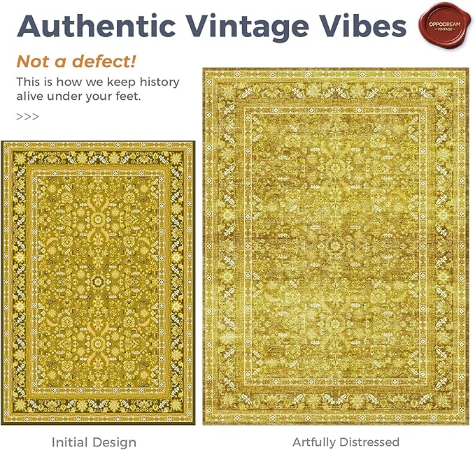 OPPODREAM Vintage Yellow Area Rugs 10x14, 10 x 14 Retro Washable Rug Non Slip, Low-Pile Faux Wool Carpet, Distressed Floor Mat for Living Room, Bedroom, Office, Dorm, Dinning Room, Big & Large
