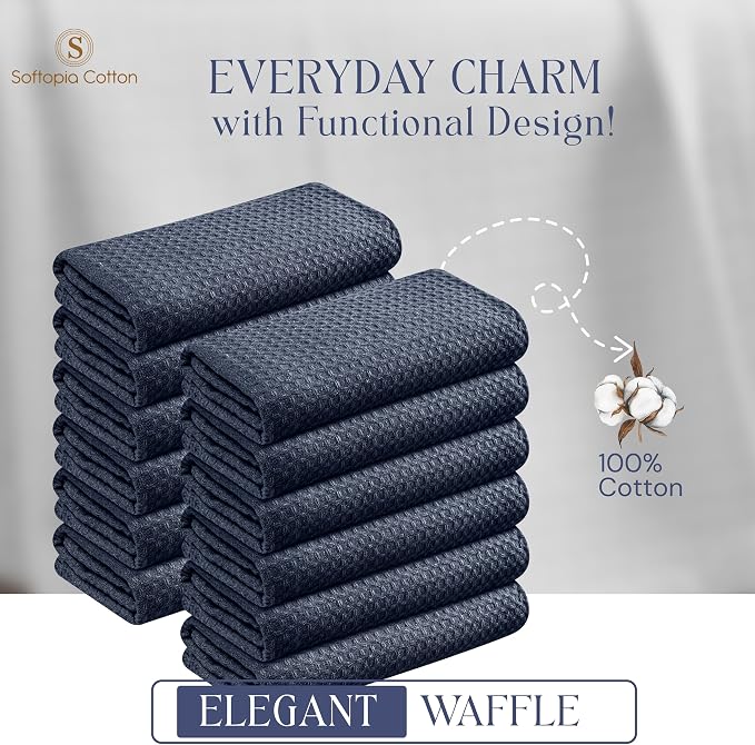 Navy Waffle Kitchen Dish Towels, 100% Cotton, Quick Dry, Super Absorbent, Soft, Lint-Free, 16x26 Inches - Ideal for Dish Drying, Tea, Cleaning, and Everyday Use, 4 Pack, Navy Blue