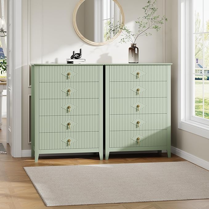 GarveeHome Fluted Dresser for Bedroom, 42.9" Tall 5-Drawer Wood Dresser, Modern Chest of Drawers, Storage Organizer Cabinet for Living Room, Hallway, Entryway, Green