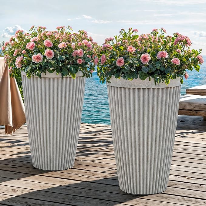 20" Tall Planters Set of 2, High-Density Resin Fluted Outdoor Pots for Plants, Versatile Indoor/Outdoor Flower Pots w/Drainage Holes for Patio, Garden, Porch & Living Room Decor, Ideal Gift