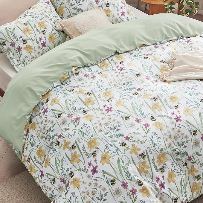 Bedsure Duvet Cover Queen Size - Reversible Floral Pattern Duvet Cover Set with Zipper Closure, 3 Pieces Green Bedding Set with 8 Corner Ties and 2 Pillow Shams 20"x26"
